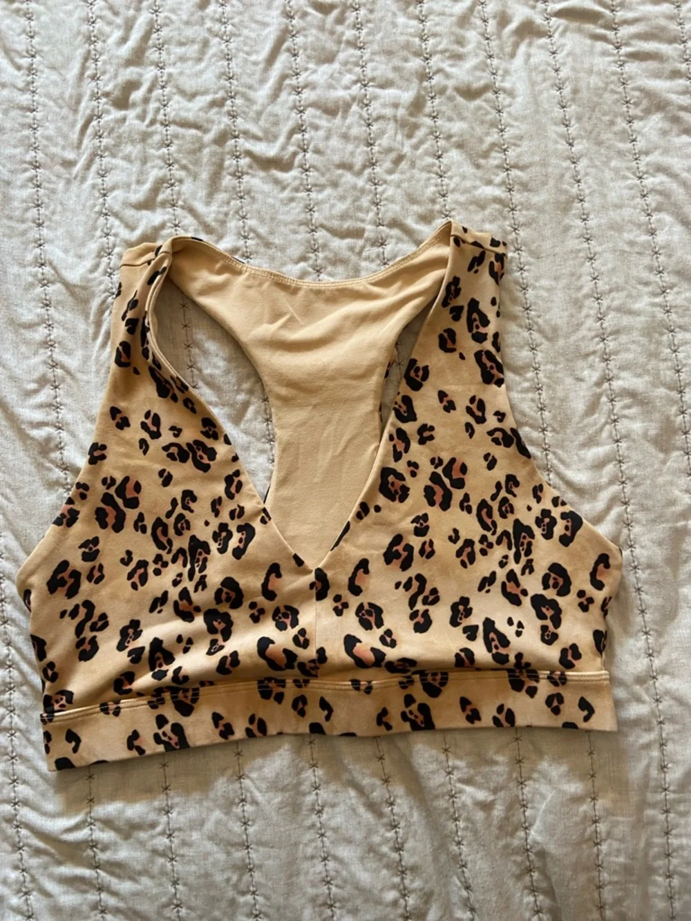 Fabletics Beige Leopard Print Racerback Sports Bra & Bike Shorts - Picture 4 of 5